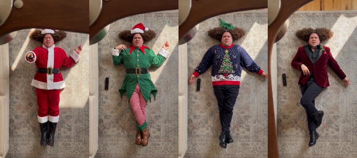 AI ceiling fan trend result with a Christmas theme: a Santa suit, an elf costume, an ugly Christmas sweater and a red velvet blazer, one for each pass of the fan blade