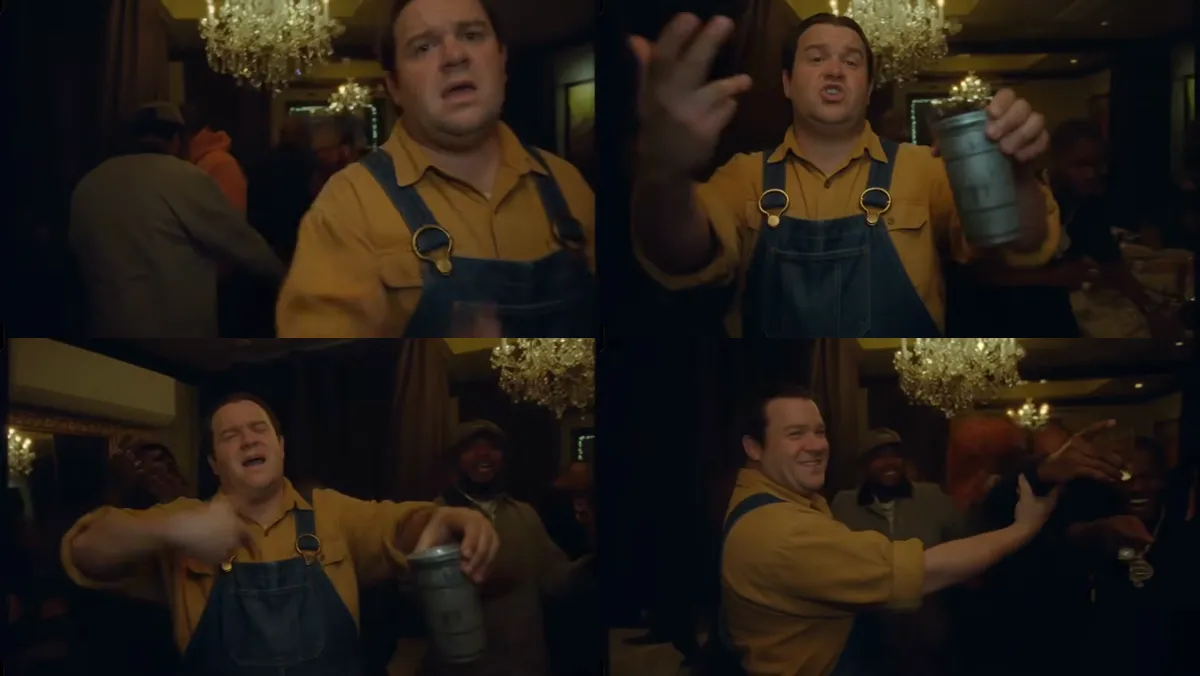 Burning Bridges AI video frames: our character in the party scene waving at the camera, raising a cup and dancing with the crowd