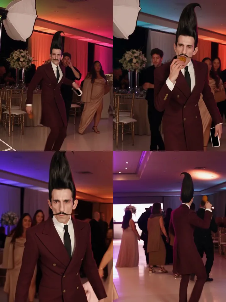 Dime Dime Baby trend frames remade with AI: walking up to the camera, the concha bite, the stare and dancing back to the guests