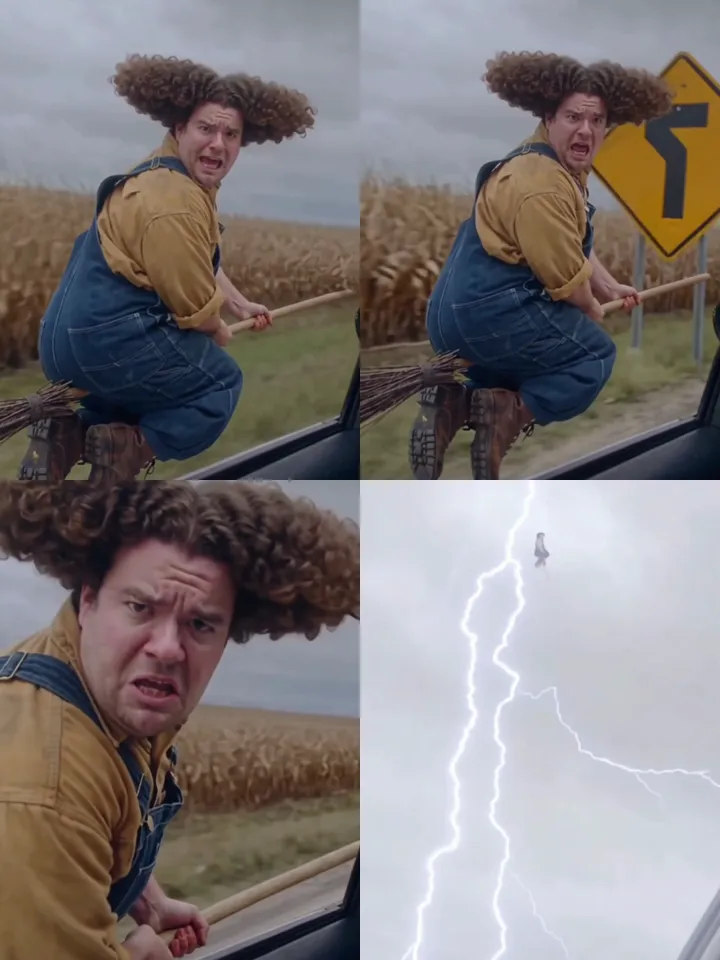 Floating witch broom AI video frames: riding the broom beside the car, the road sign crash, the close-up at the window and the lightning strike