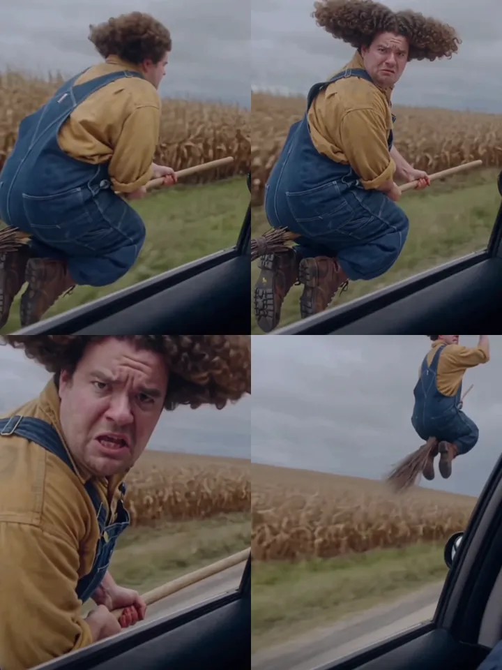 Car chase version of the flying broomstick AI video: the rider catches up with the car, flies level with the window, looks at the camera and shoots off into the stormy sky
